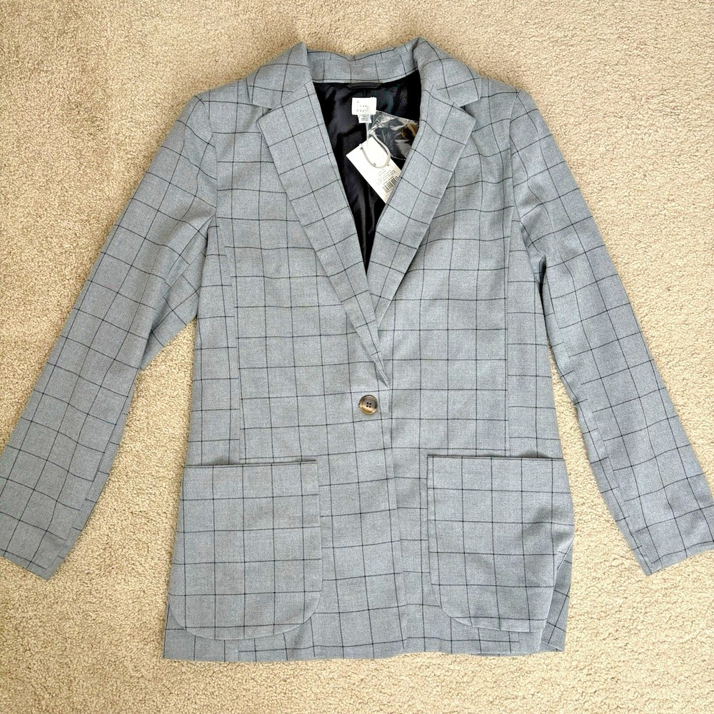 A New Day Sz S Checker‎ Stretch Career Blazer Jacket Notched Button Gray